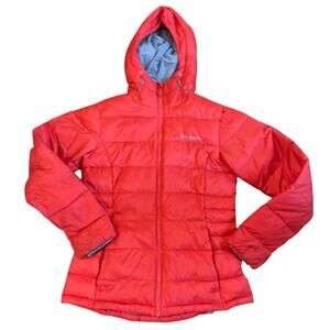 Columbia Womens Small Omni Heat Duck Down Hooded Coral Puffer Jacket EUC